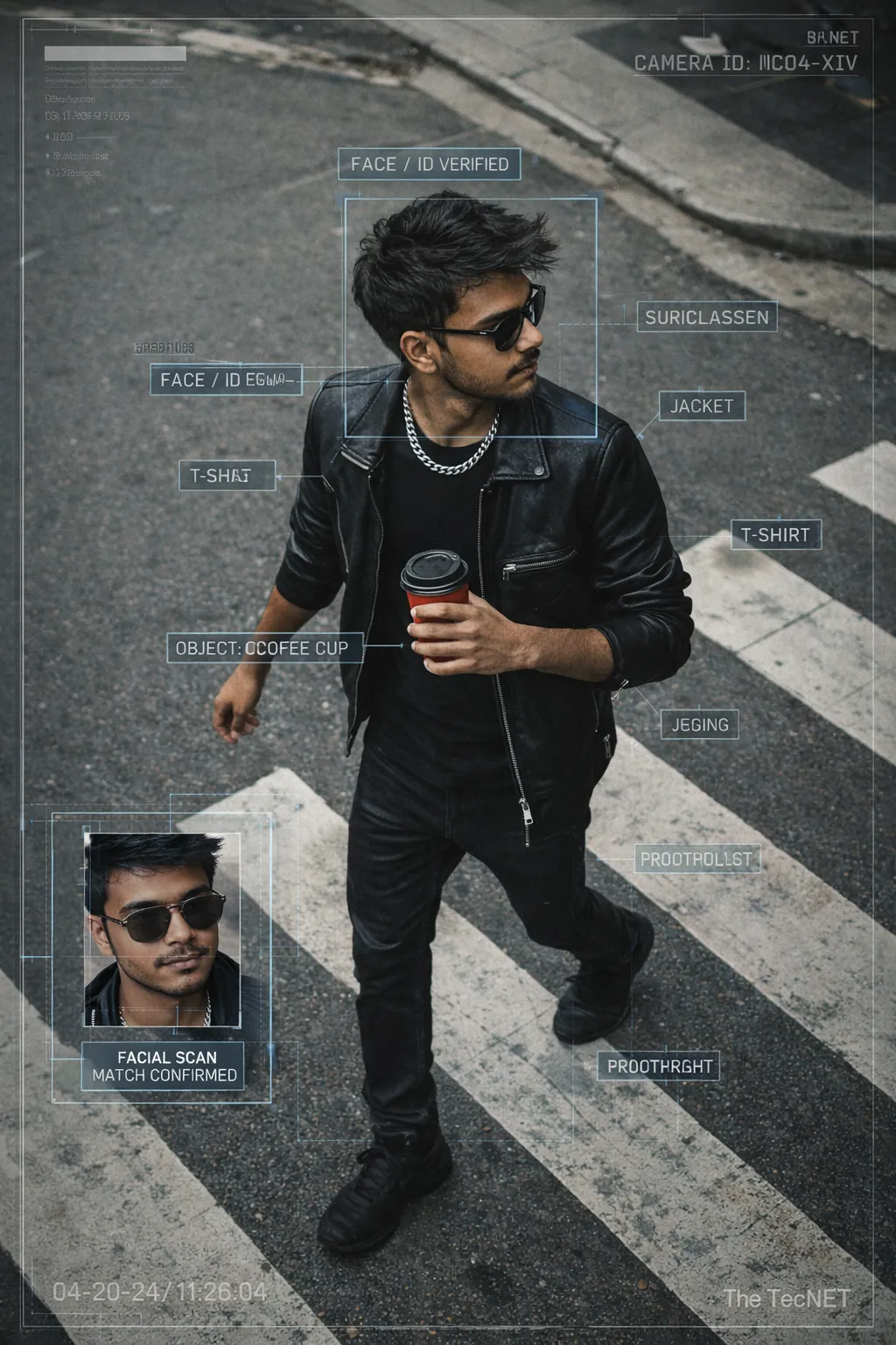 Smart city CCTV portrait, AI surveillance tracking, zebra crossing street photography, futuristic monitoring system